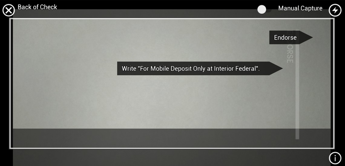 Write "For Mobile Deposit Only at Interior Federal". Endorse. Image of back of check.